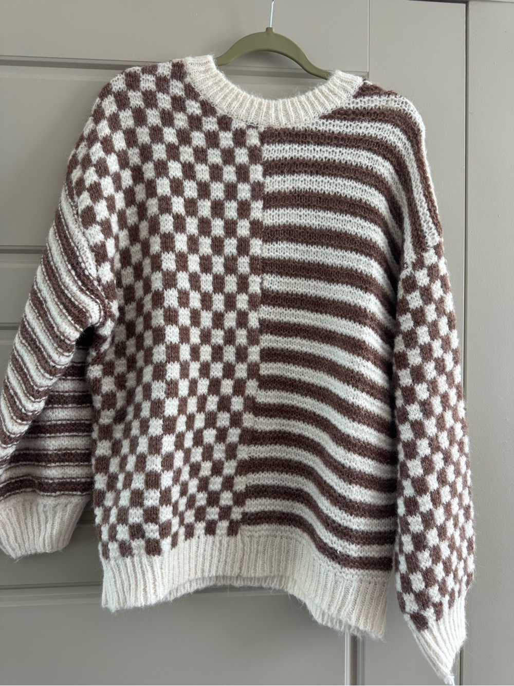 Blu Pepper Cream and Brown Checker-Stripe Knit Crewneck Sweater